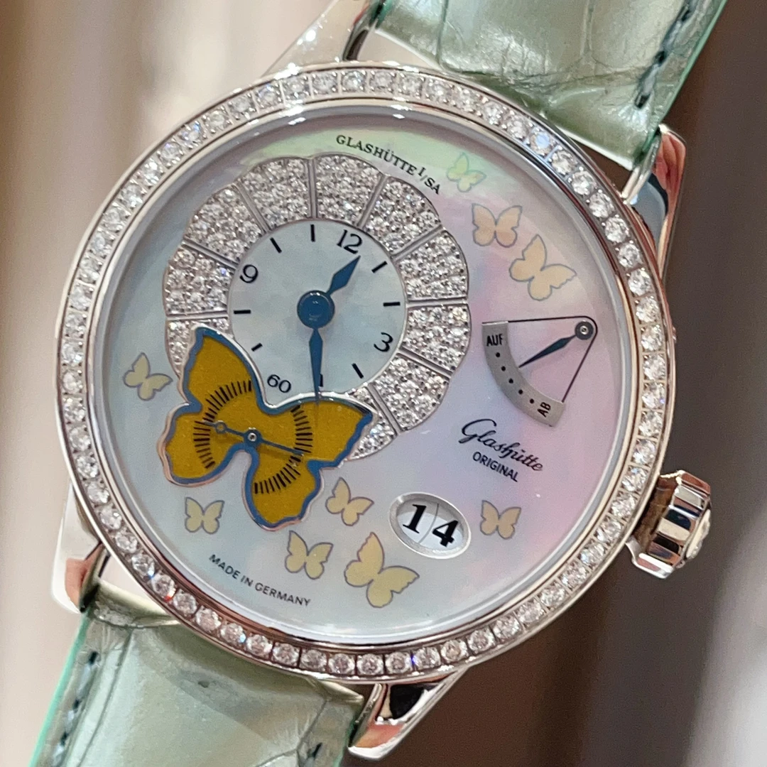 99新 Glashutte/格拉苏蒂 偏心39盘彩贝原镶钻机械女表德国