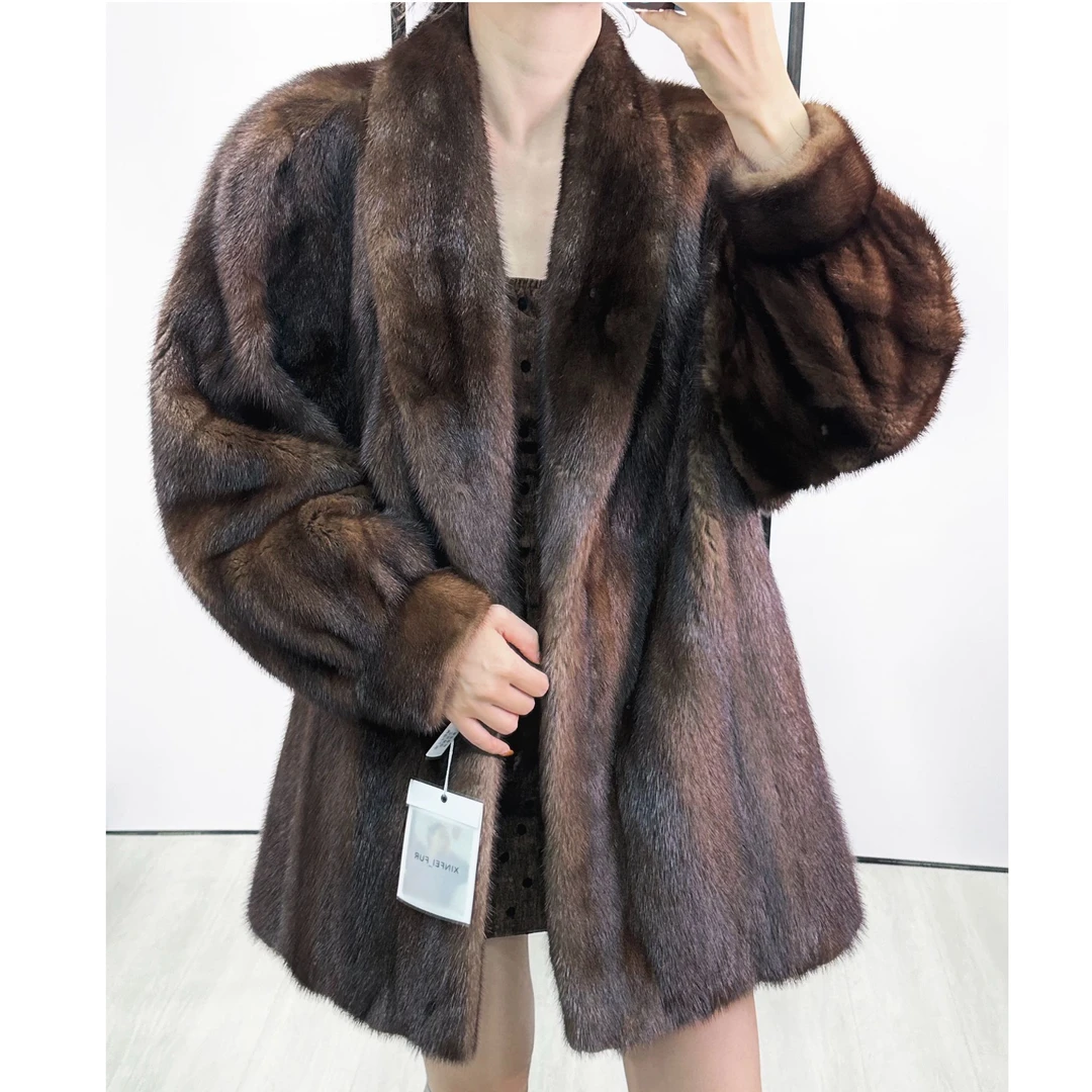 F142，2XL，深咖色青果领落肩收口袖水貂外套