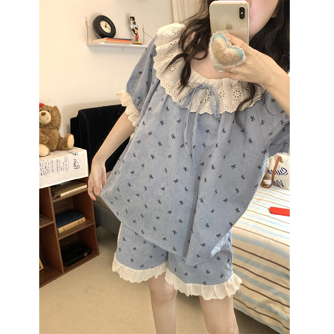 【天天粉丝专享】夏季公主风宽松纯棉睡衣女100%全棉套装外穿家居服
