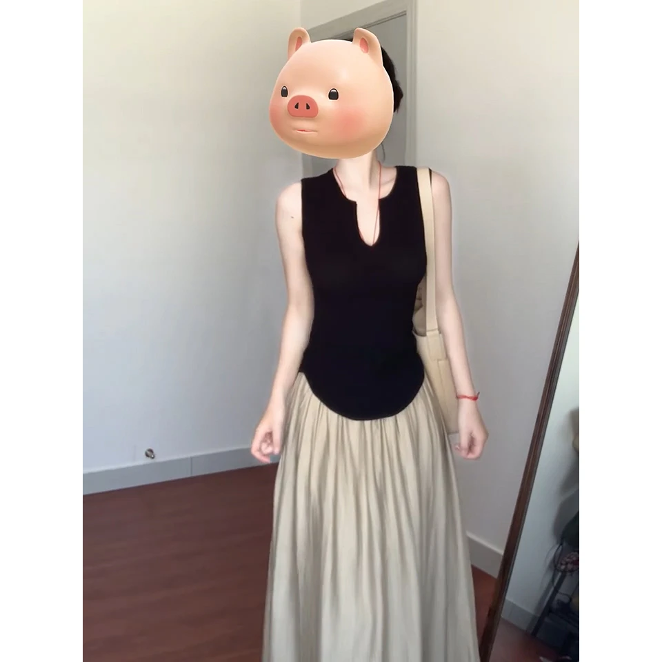夏季设计感气质搭配一整套黑色无袖针织上衣垂感遮肉高腰显瘦长裙