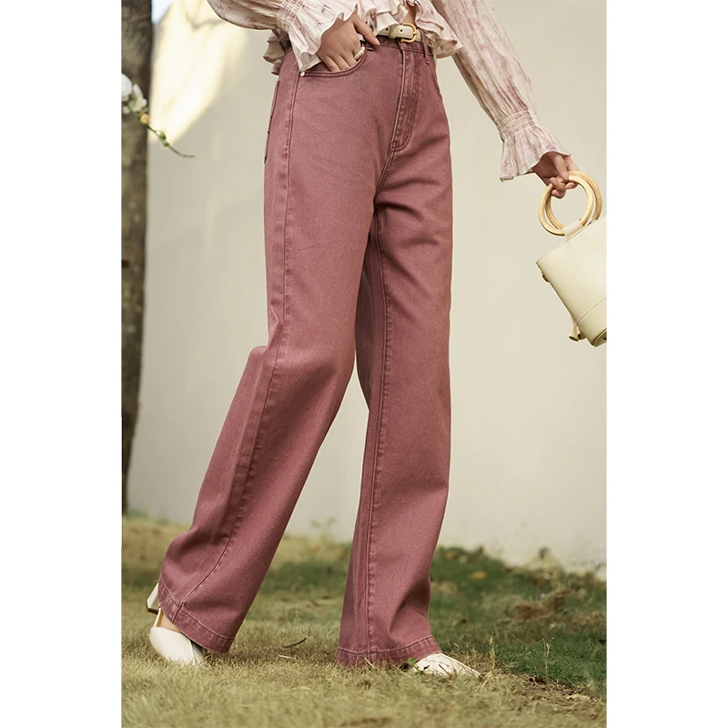 【年末大促】谜秀粉色阔腿直筒牛仔裤2024春季新款女装高腰显瘦垂感