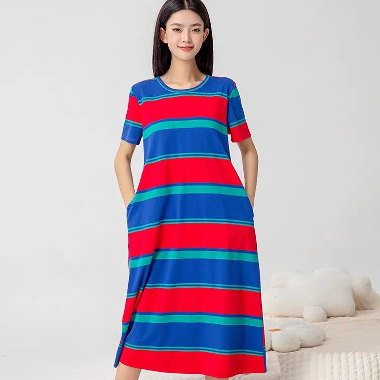 带胸垫一体 睡裙女士睡衣夏季夏天薄棉质短袖长款过膝凉感家居服