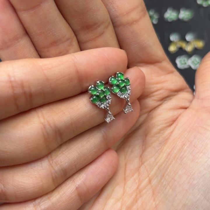 包***婆翡翠银S925镶嵌耳饰