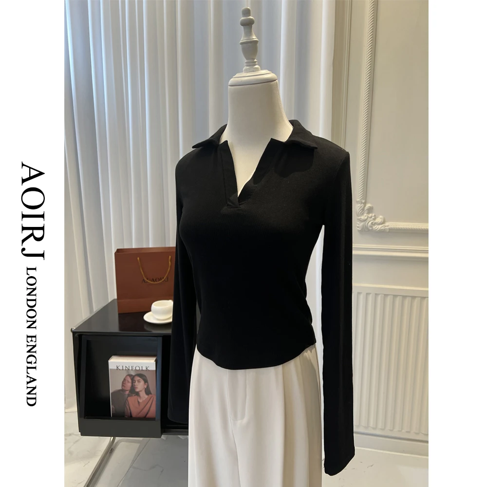 AOIRJ打底衫长袖T恤女修身百搭气质翻领短款显瘦春季POLO领上衣