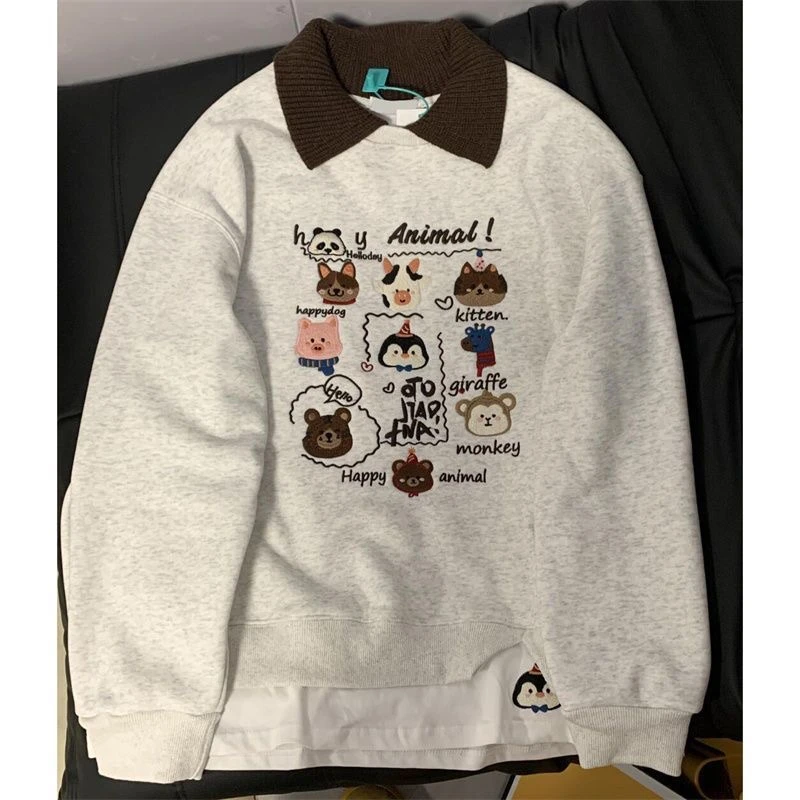 韩国刺绣卡通图案洋气撞色假两件卫衣女POLO领宽松纯棉加绒套头衫