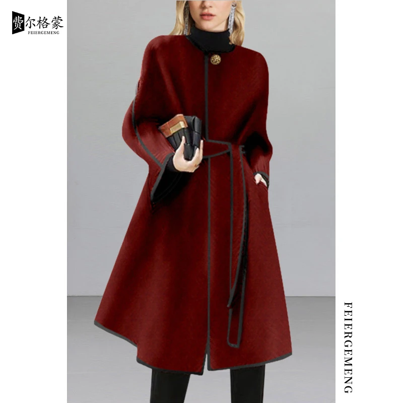 复古洋气红色系带长款呢子大衣女冬季新款显瘦气质毛呢外套中长款