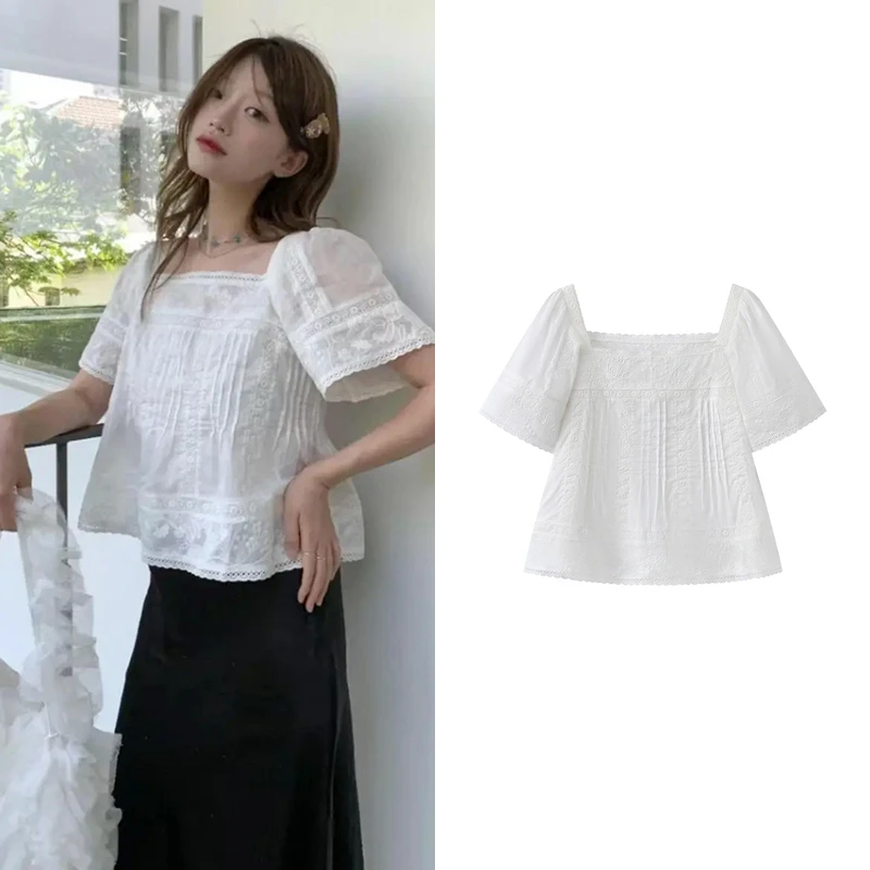容诺【短袖衬衫】2025夏装新品浪漫花边白色方领衬衫女I6208