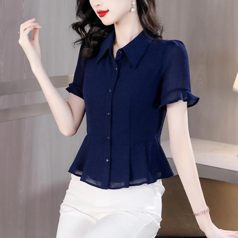 小个子短袖雪纺衫女夏装洋气中年女士衬衫收腰遮肚子妈妈裙摆上衣