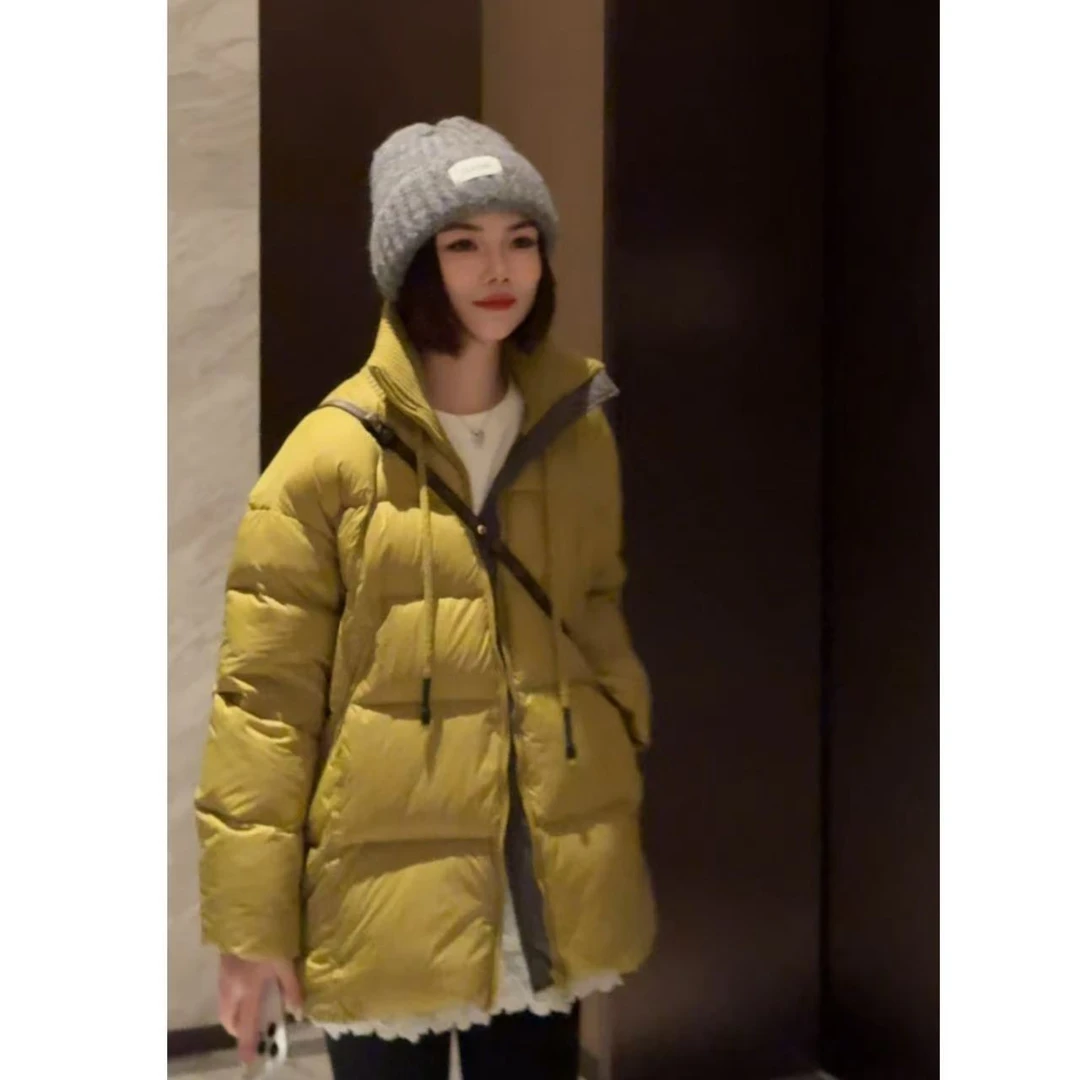 玳妮【北海道羽绒】冬季针织领抽绳零压感羽绒服休闲中长软糯面包服