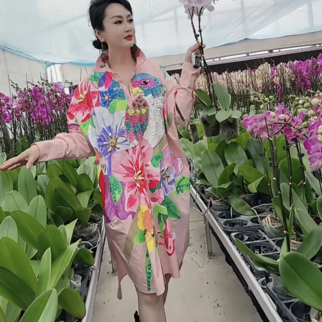 设计师原创重工钉珠手绘长款衬衣