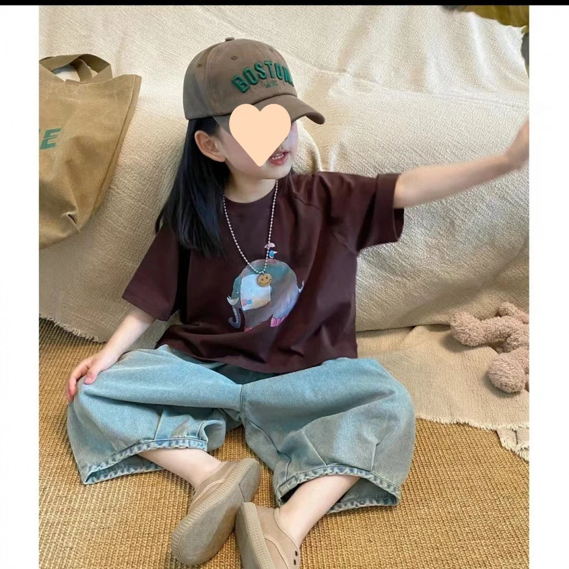 套装夏季2025新款女孩女童短袖薄款牛仔洋气七分裤洋气两件套