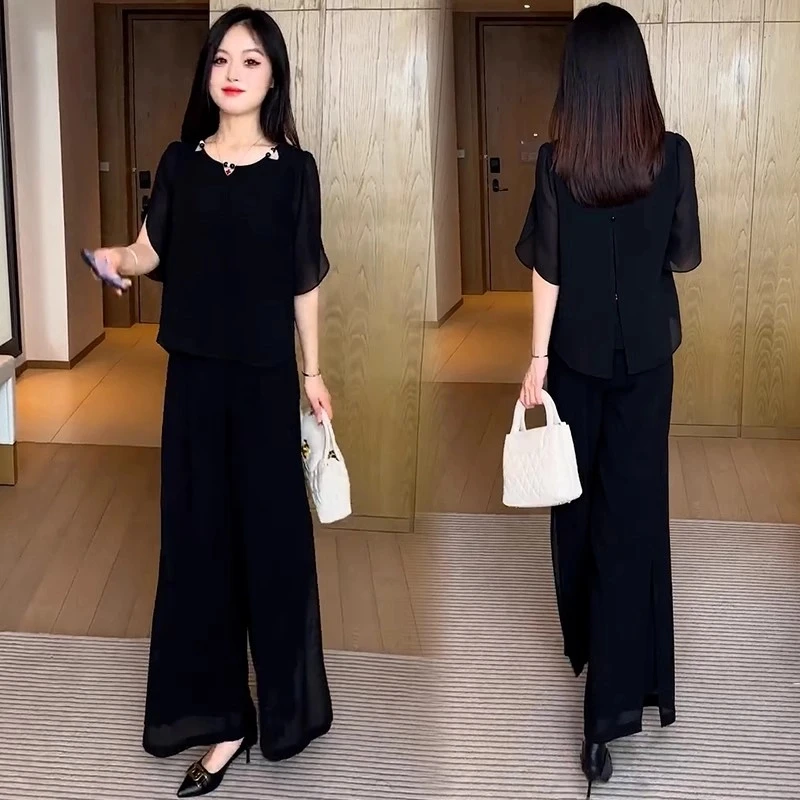 【现货】洋气显瘦气质时尚休闲2025夏季黑色短袖套装减龄韩版两件套