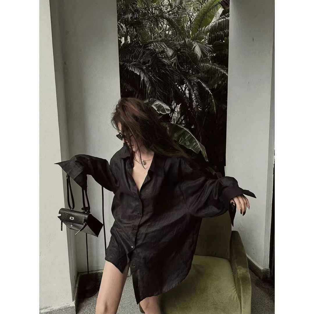 2025春季新款黑色高级感气质防晒长袖薄款衬衫女POLO领单排扣上衣