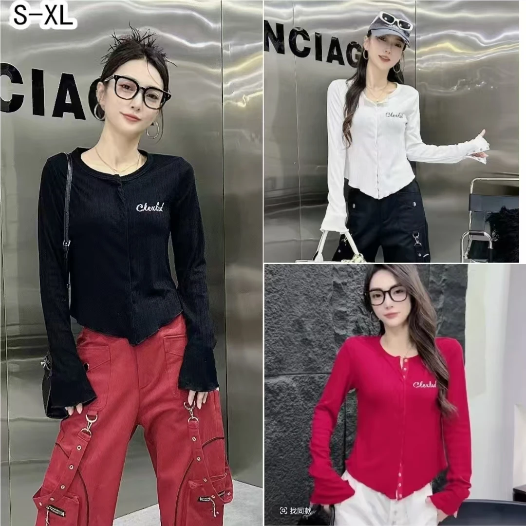 9557#款修身两穿暗扣显瘦长袖时尚辣妹百搭T恤