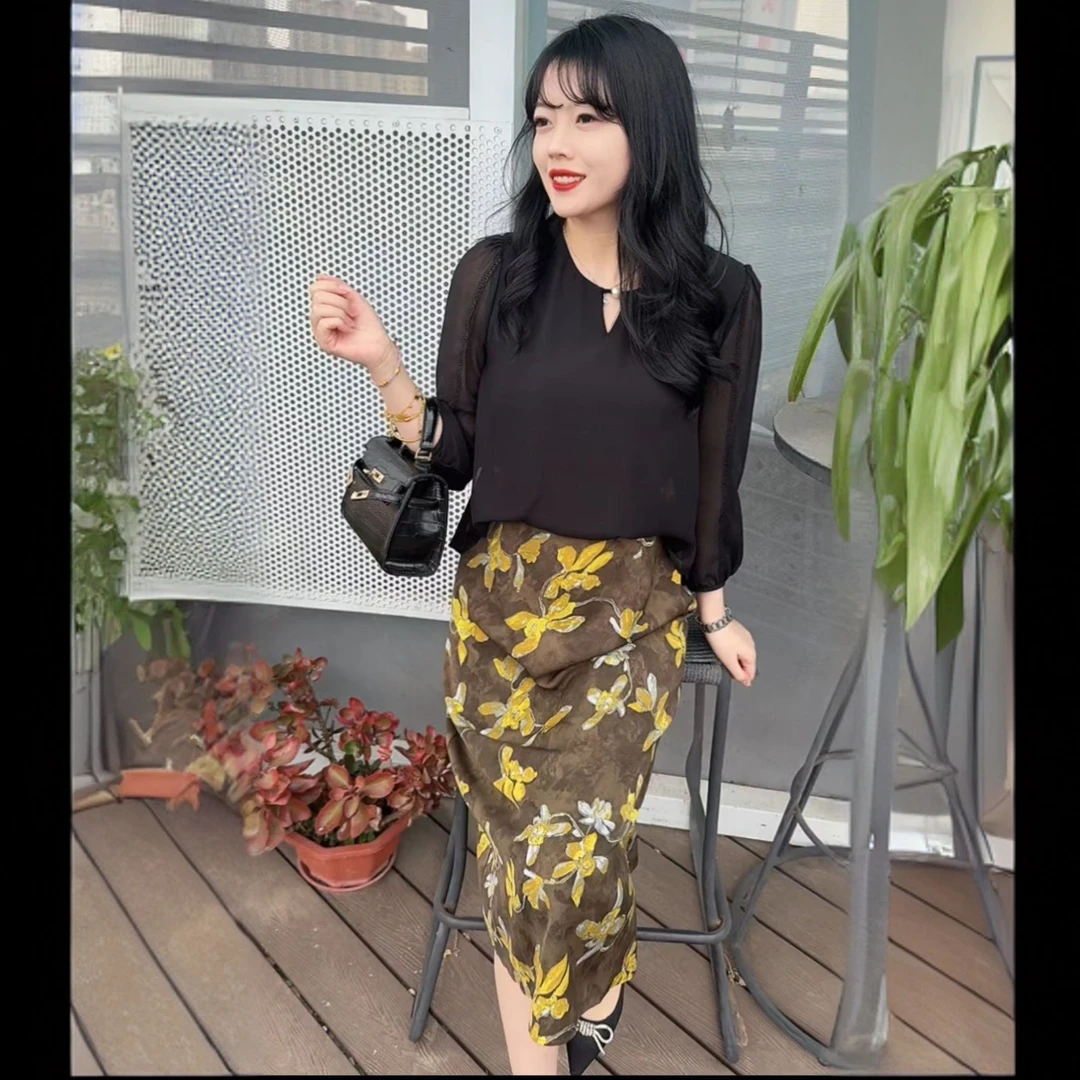 九分袖夏季淑女风高腰气质印花连衣裙假两件碎花复古显瘦韩版女装