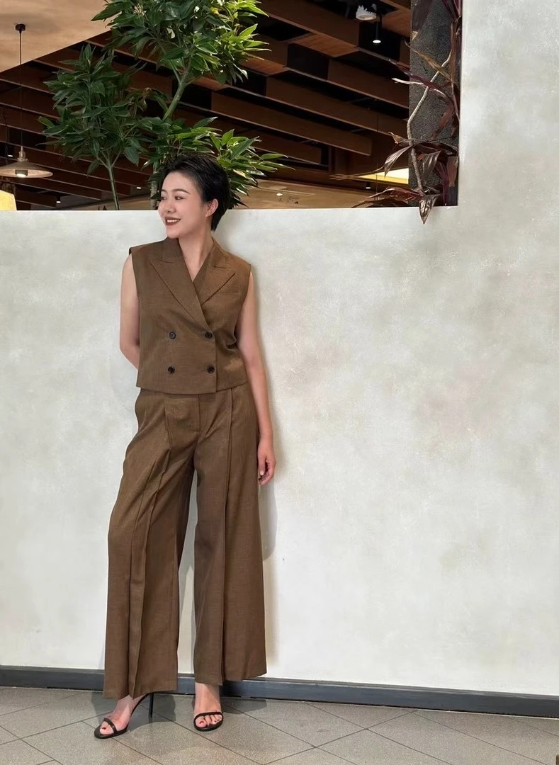 女士外贸深海蓝焦糖棕通勤简约立体裁剪聚酯纤维压褶宽腿直筒裤