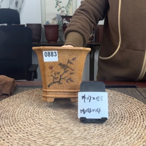 紫砂花盆柴烧手绘切角双线四方0883