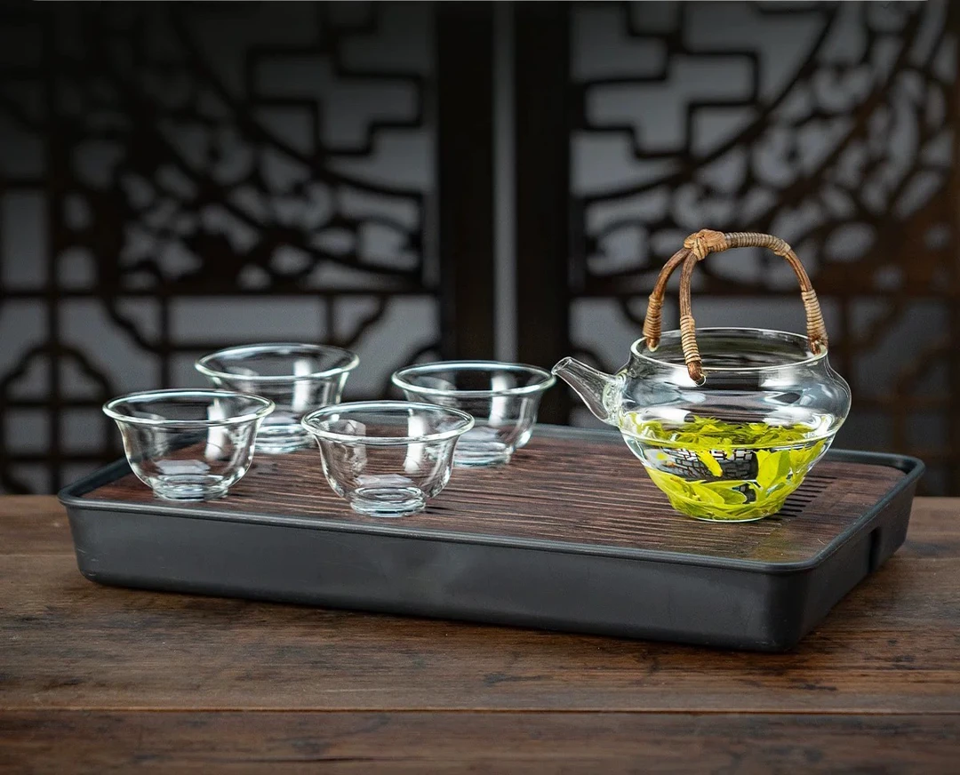 新品透明玻璃泡茶公道杯藤编提梁轻奢复古工艺竹影公杯功夫茶具