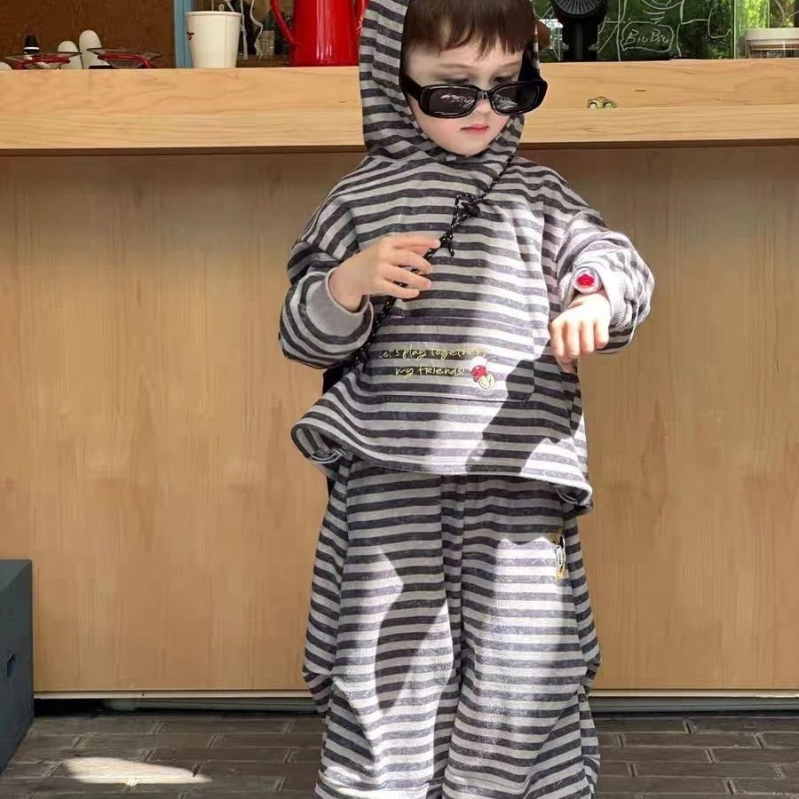 春秋条纹连帽套装男童新款米奇刺绣卫衣儿童女童休闲两件套装 XT