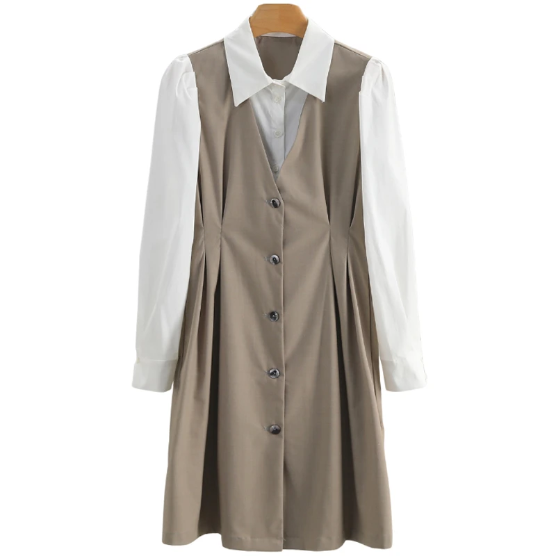 F169-【圈】假两件拼接衬衫领长袖显瘦连衣裙#VQX55L009