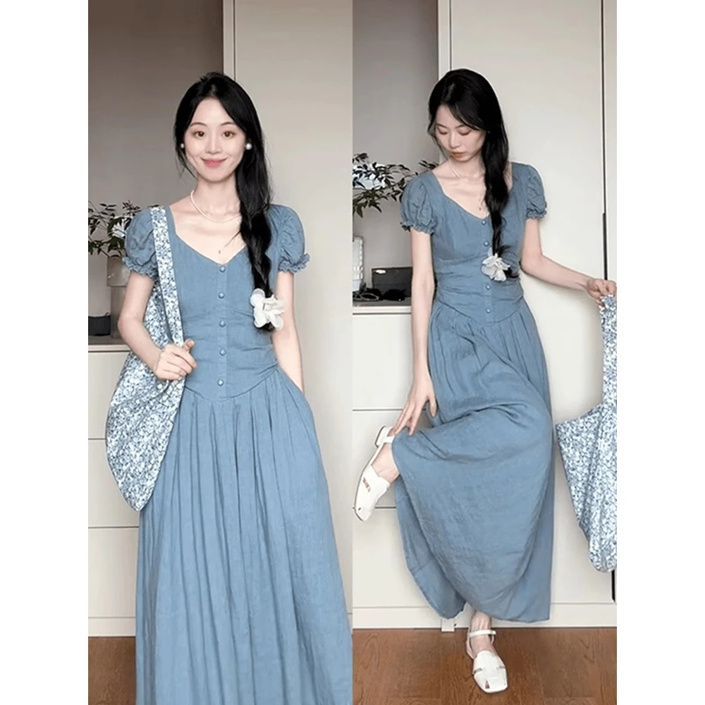 实价现货法式蓝色泡泡袖短袖连衣裙女夏季时尚百搭显瘦百褶长裙子