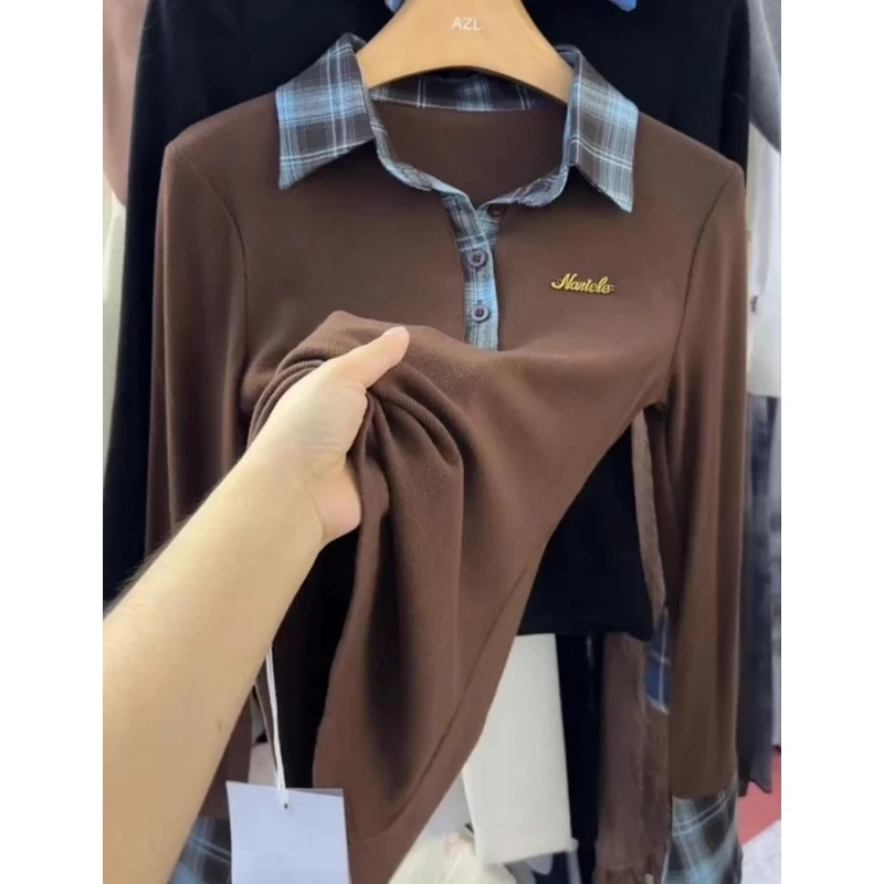 韩系撞色格子拼接Polo领上衣女秋冬新款修身显瘦独特别致百搭T恤