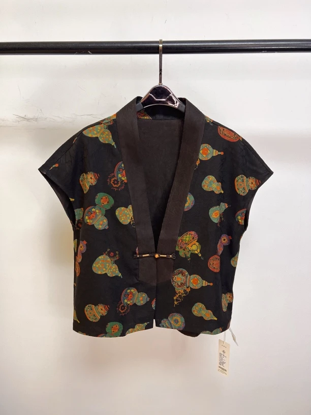 2025春季新款香云纱100桑蚕丝新中式坎袖马甲开衫上衣