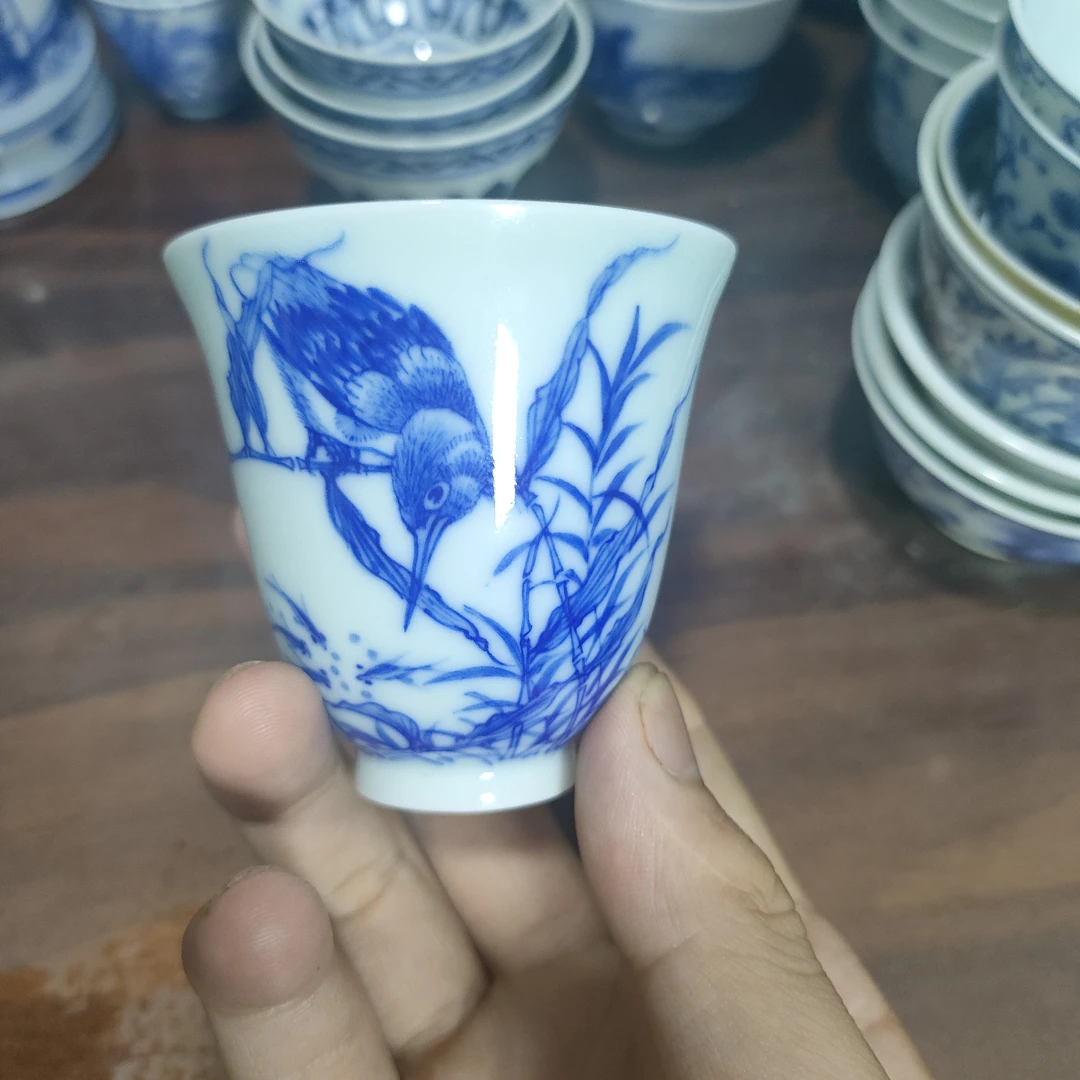 花鸟单翠铃铛杯诗文闻香杯景德镇纯手绘手工陶瓷