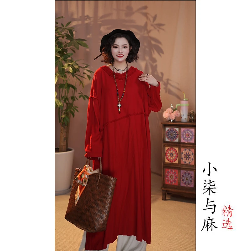 【小柒与麻】春季新款复古风亚麻拉毛设计裙袍（衣长117胸围140）红色