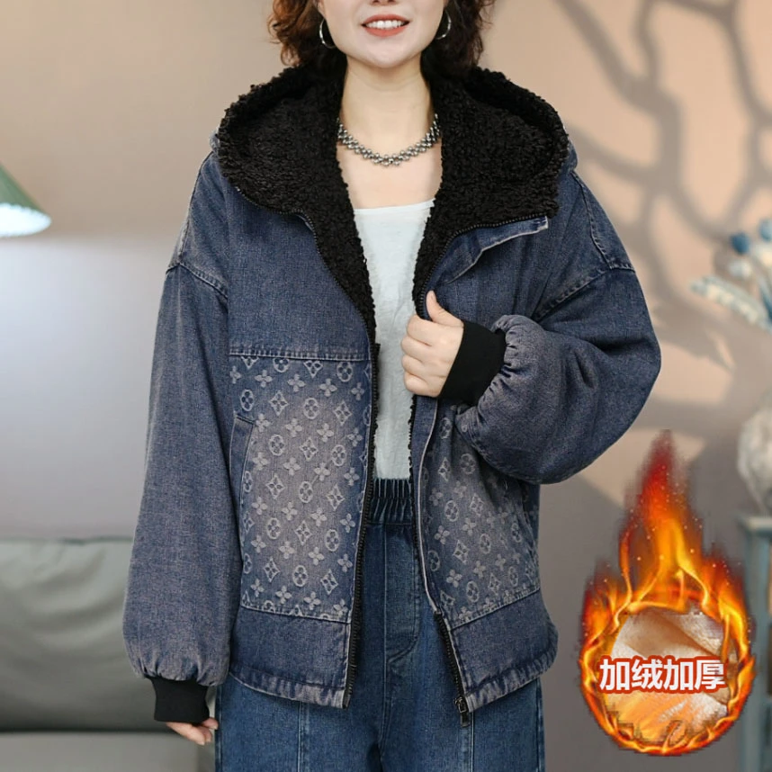 2601牛仔连帽棉衣加绒加厚冬季新款棉服外套宽松时尚洋气