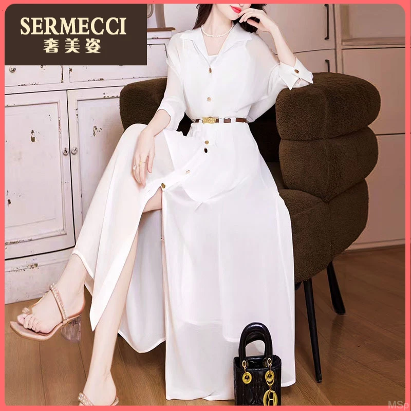 通勤上档次奢美姿裙子2025年秋季长裙白色polo领收腰衬衫连衣裙