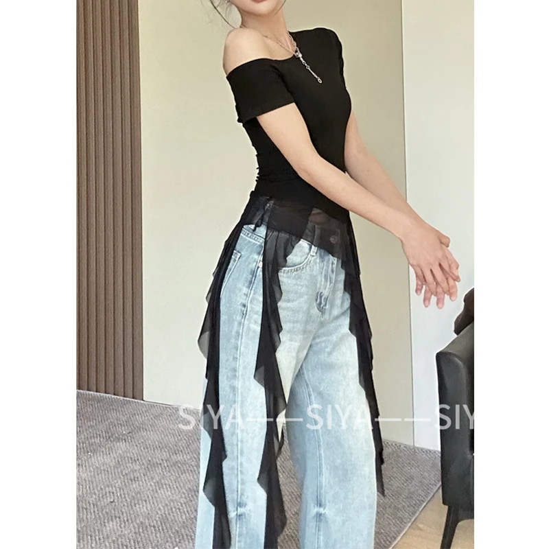 甜辣御姐风荷叶边拼接斜肩长袖T恤女小众不规则显瘦百搭上衣潮