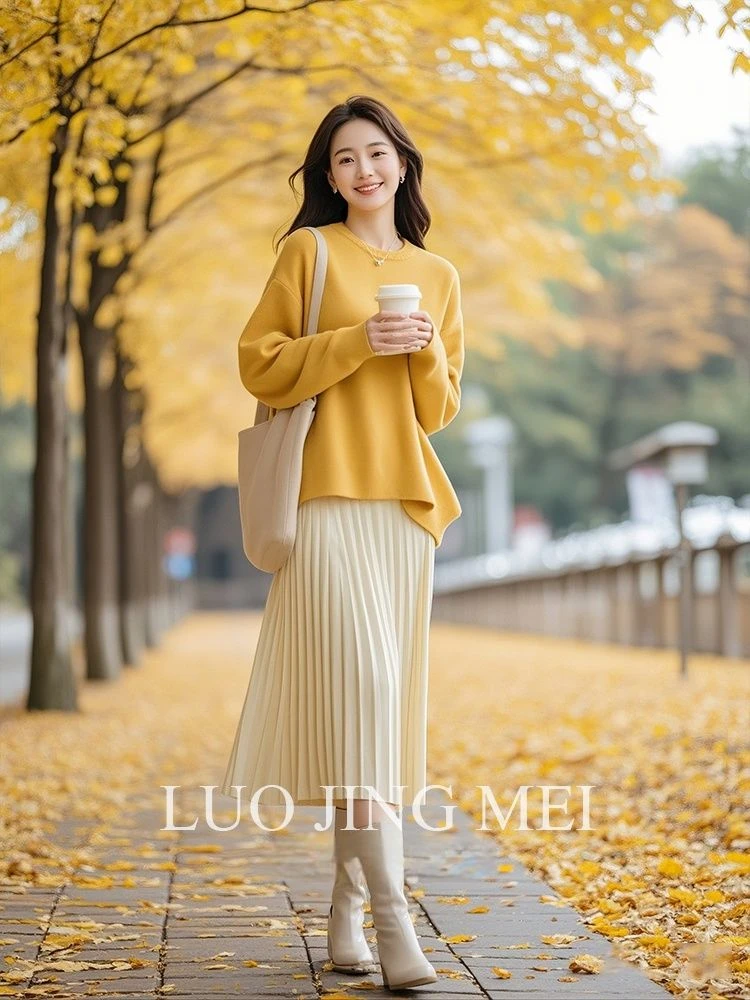 [工厂直销套装]春秋款慵懒风轻奢圆领针织衫百褶半身裙99378+Q52