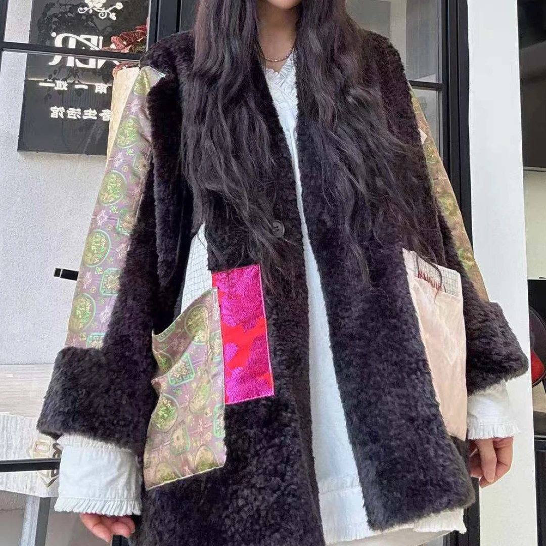 【周周家】秋冬新款国风时尚皮毛一体外套撞色中长款时尚设计师外套