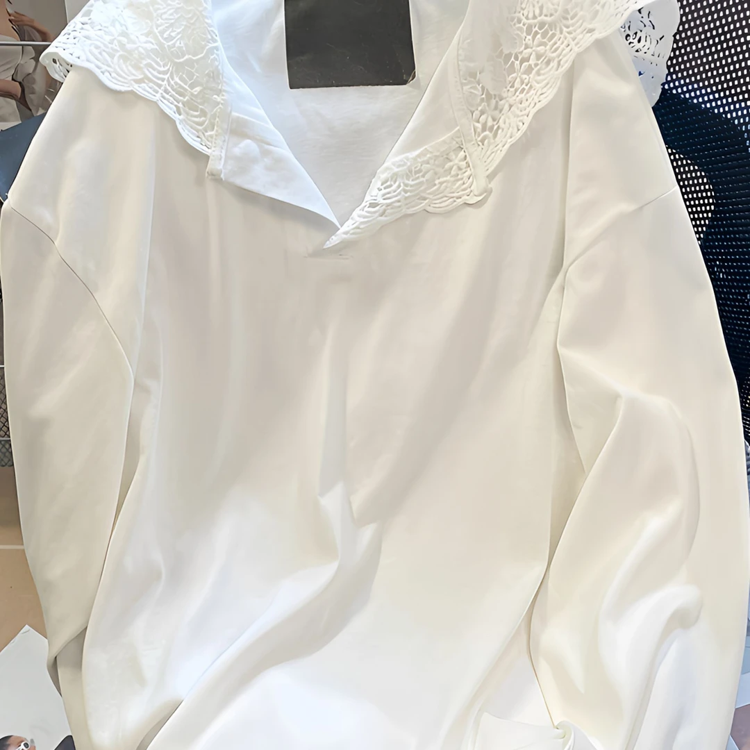 欧货独特别致蕾丝拼接连帽长袖T恤秋季宽松洋气衣服女百搭上衣薄