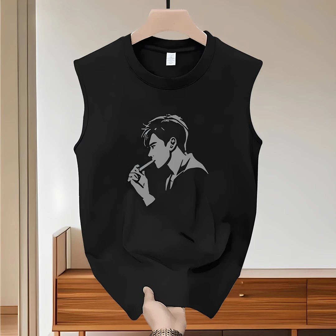 夏季港风潮流印花百搭无袖背心男款痞帅圆领纯棉运动健身宽松上衣