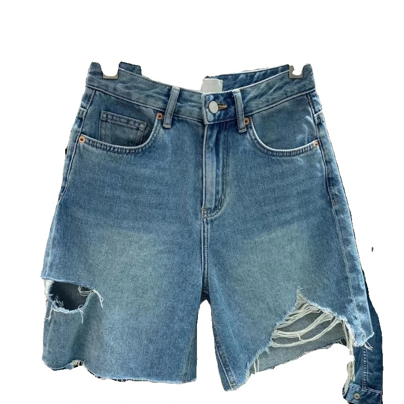 XiANJiE2025夏季牛仔短裤女韩版高腰潮流破洞水洗毛边五分裤