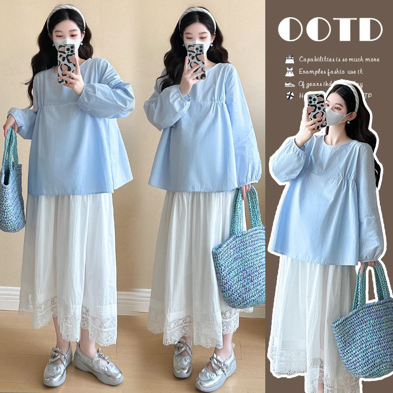 洋气孕妇装韩版显瘦2025春季新款圆领衬衣半身裙孕期穿搭两件套