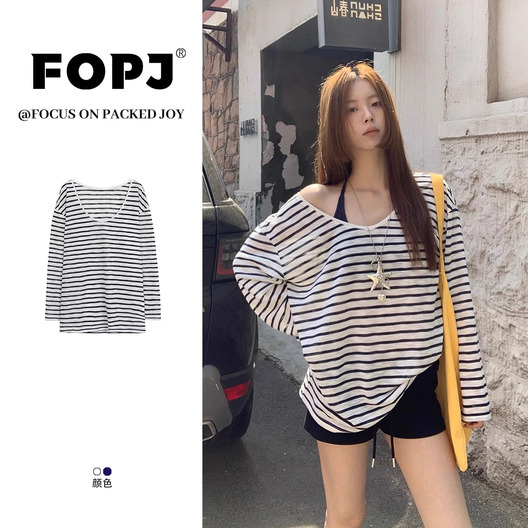 FOPJ夏季新款韩系防晒罩衫设计感条纹长袖t恤女百搭显瘦辣妹上衣
