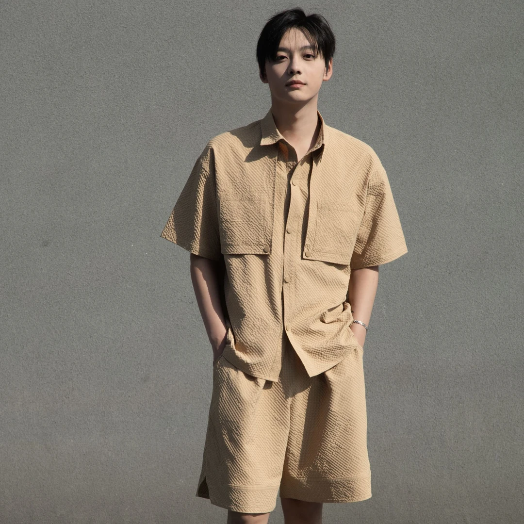 男生夏季新款套装宽松短袖衬衫短裤运动透气舒适薄款上衣套装男女