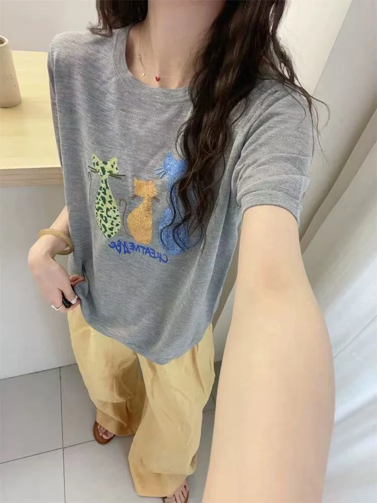 欧洲站2025夏季新款欧货圆领短袖拼色小猫咪提花针织T恤女1690