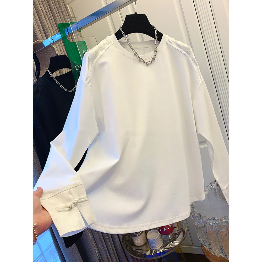 胖mm240斤大码独特别致新中式提花盘扣长袖T恤女早春秋上衣打底衫