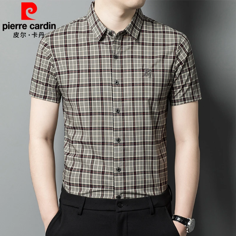 皮尔卡丹短袖衬衫格子时尚休闲商务夏季薄款抗皱爸爸男装免烫衬衣