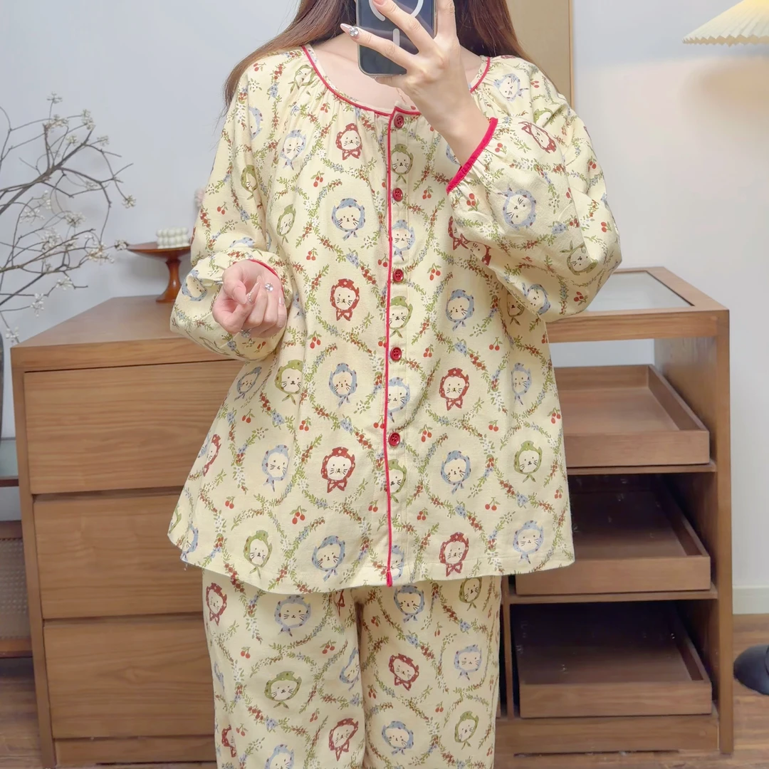 秋冬纯棉磨毛女款睡衣2025新款卡通甜美休闲开衫家居服两件套装