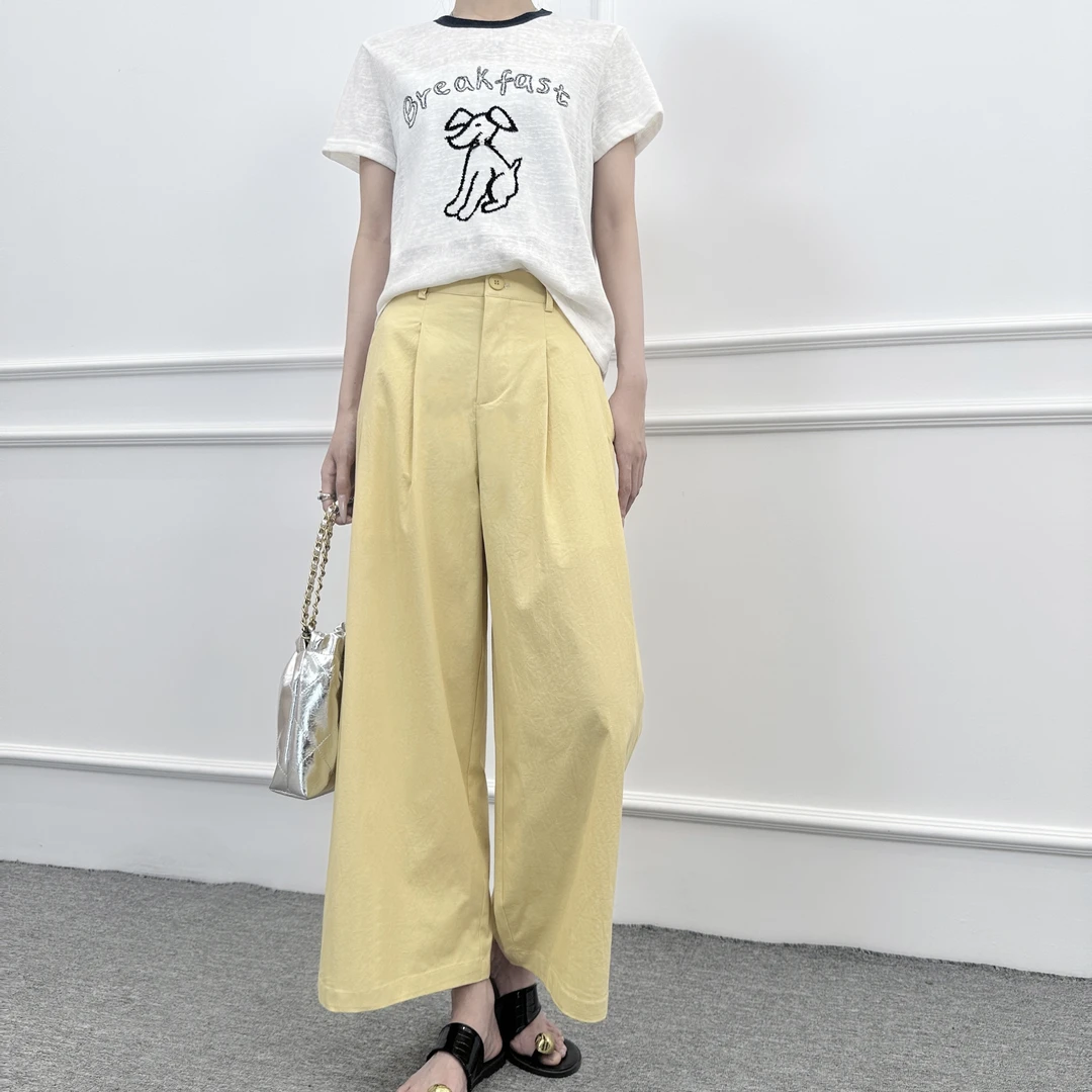 2025夏季直筒裤口袋高腰松紧休闲裤卡其女装时尚长裤K2025-108