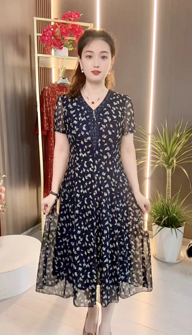 7604-53蓝色新款台湾纱连衣裙时尚高腰显瘦气质款透气纱中长裙