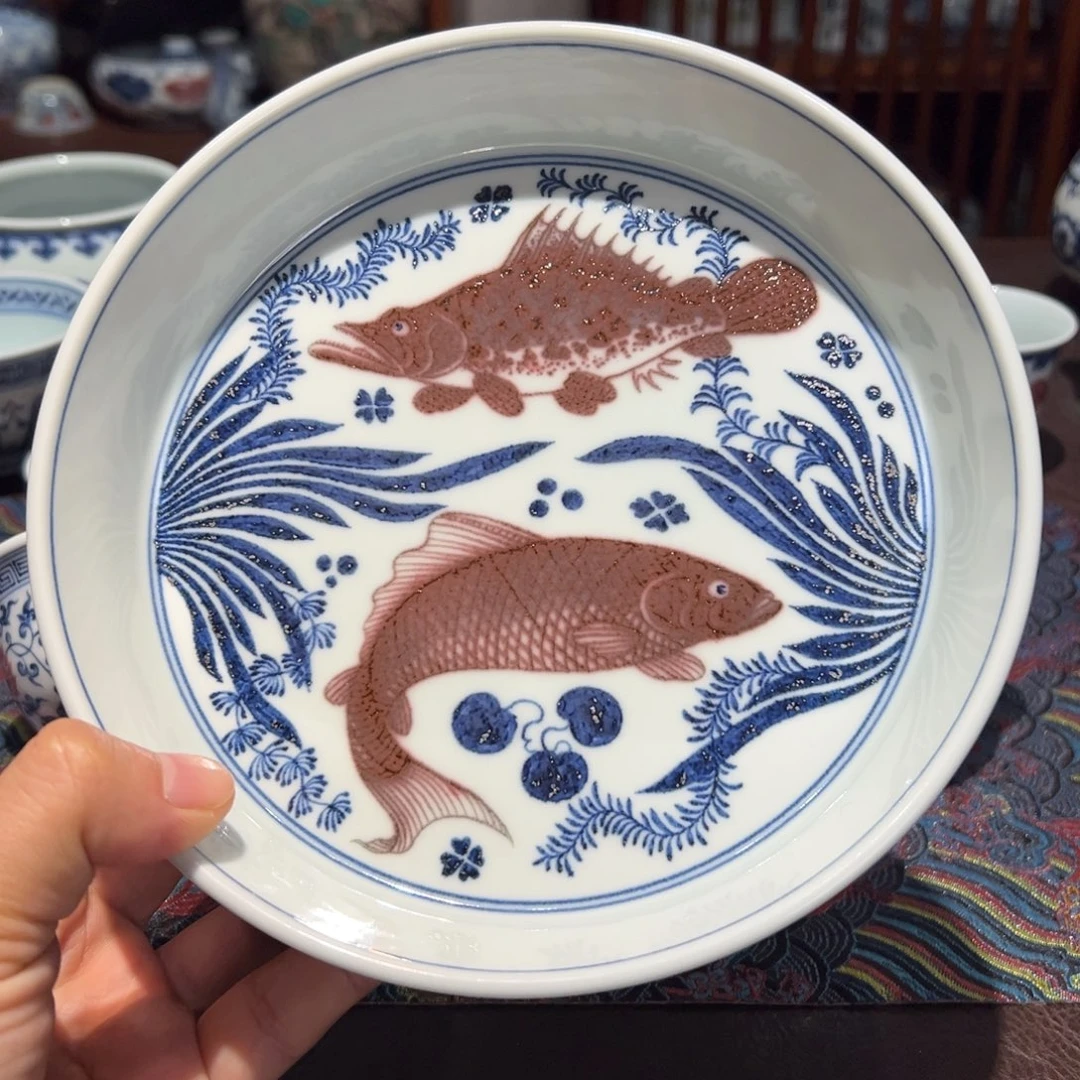 陶精品青花釉里红鱼藻纹壶承口径约18厘米