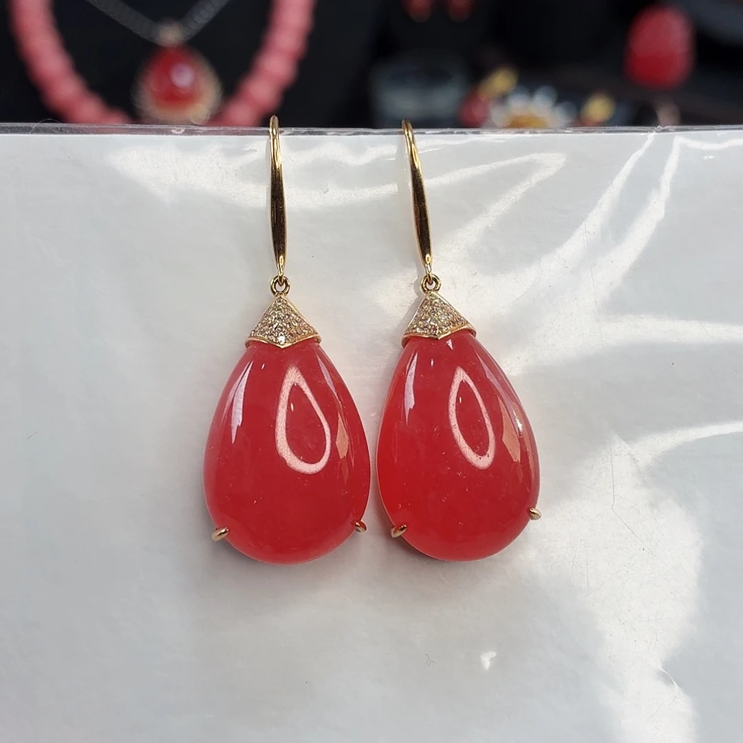 菱锰矿（红纹石）18K金镶嵌耳坠