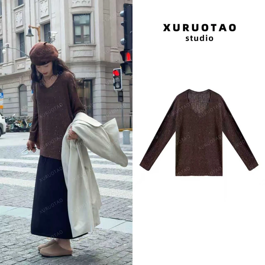 XURUOTAO【秋意浓】羊毛亮片针织设计感百搭气质咖色上衣 T5493