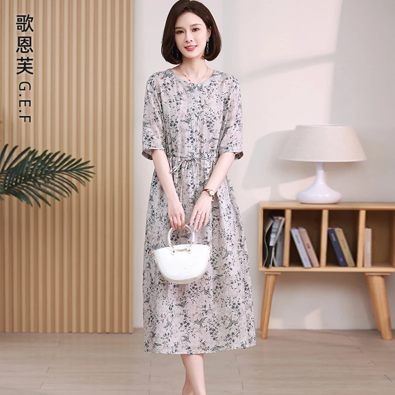 碎花苎麻连衣裙女夏季2025新款温柔韩系气质穿搭收腰显瘦妈妈裙子